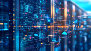 Visualization of CyBot AI's seamless integration with business systems, showcasing interconnected servers, cloud storage, and real-time data flow for enhanced workflow efficiency