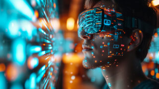 Employee using AI-powered tools to enhance efficiency in a modern work environment.