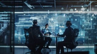 Executives in a modern boardroom analyzing data with AI-powered tools during a strategic planning session.