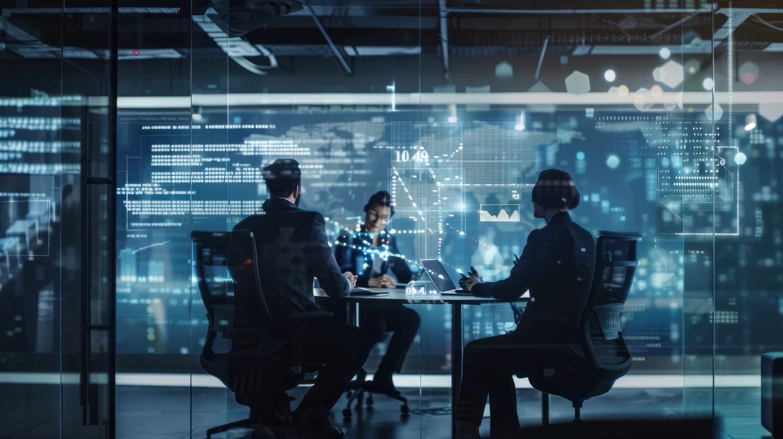 Executives in a modern boardroom analyzing data with AI-powered tools during a strategic planning session.