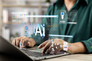 Business professional using CyBot AI's platform with digital interfaces displaying data analytics and chatbot interactions.