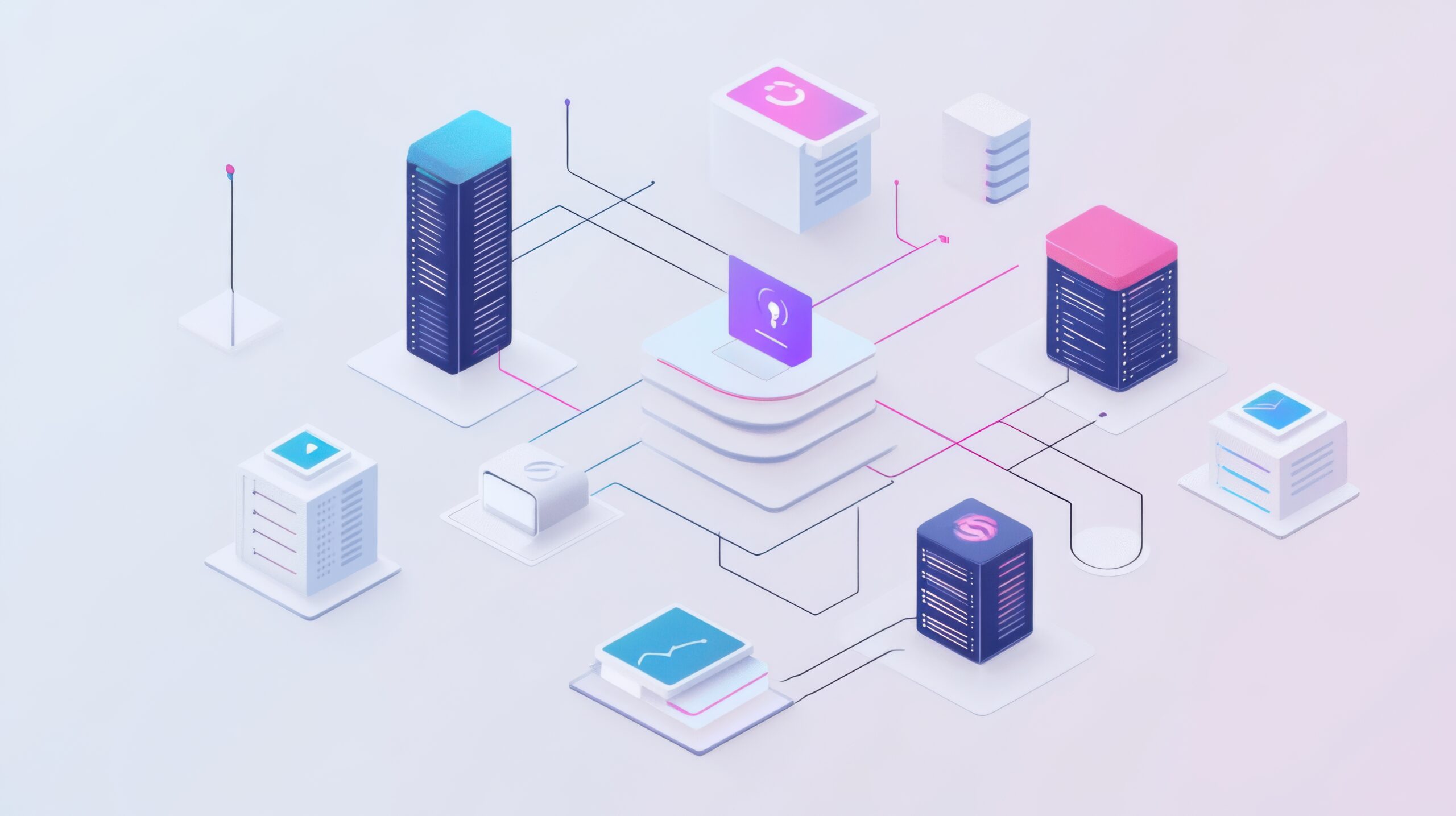 Illustration of connected servers and cloud platforms representing CRM and internal tools integration.