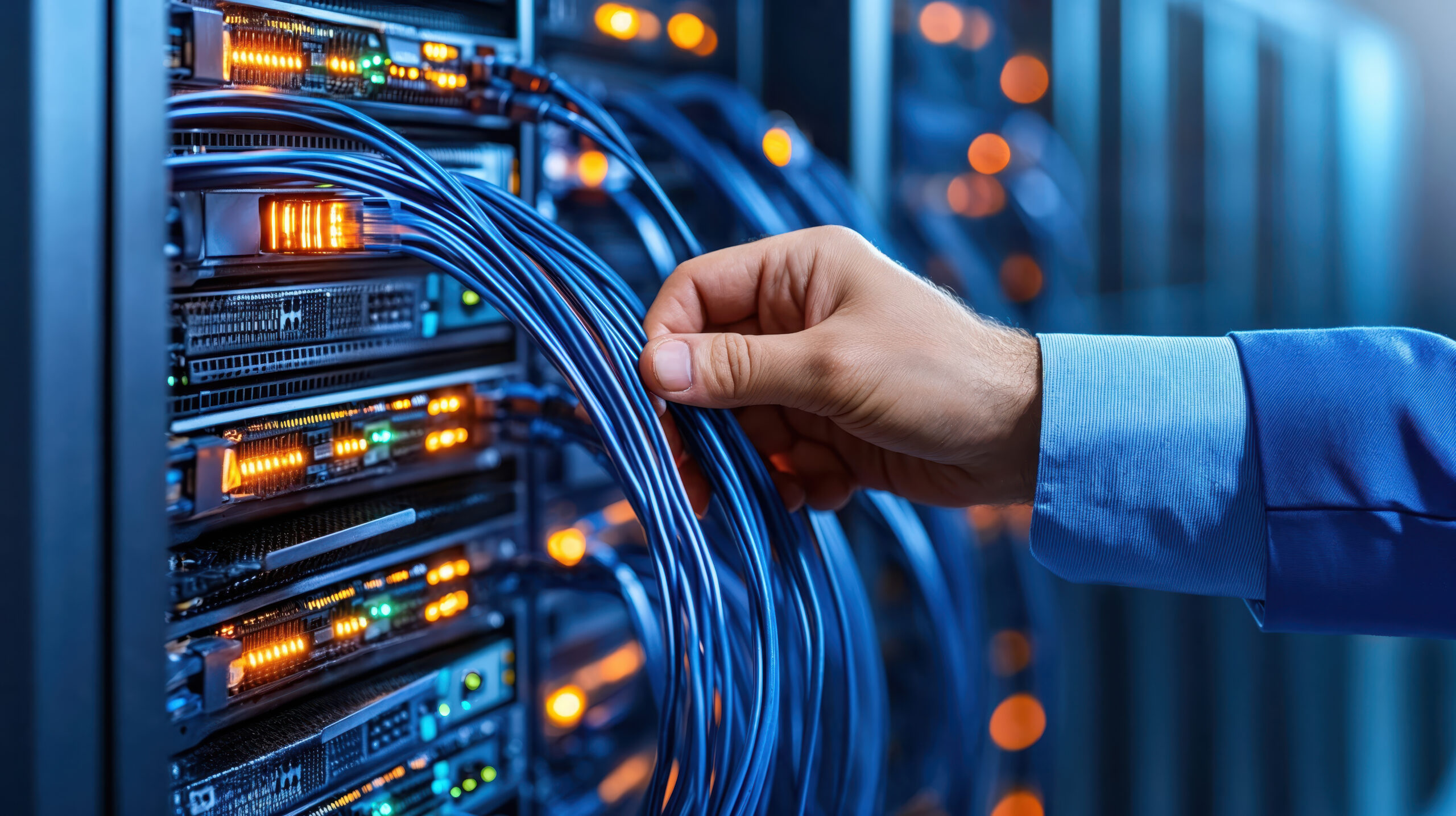 AI IT Agent improving system performance visibility. IT professional connecting server cables for infrastructure management.