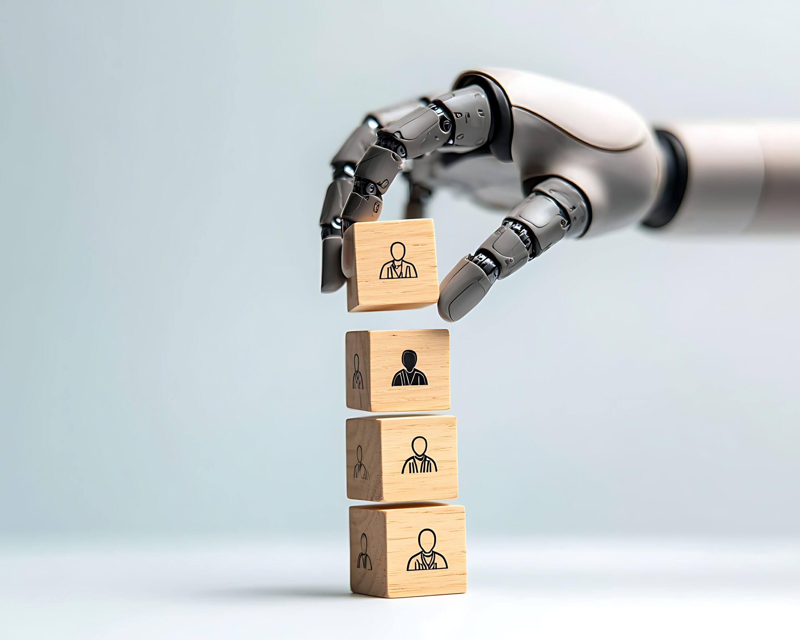 Role-native AI aligning with team execution Robotic hand placing wooden block symbolizing AI role alignment.