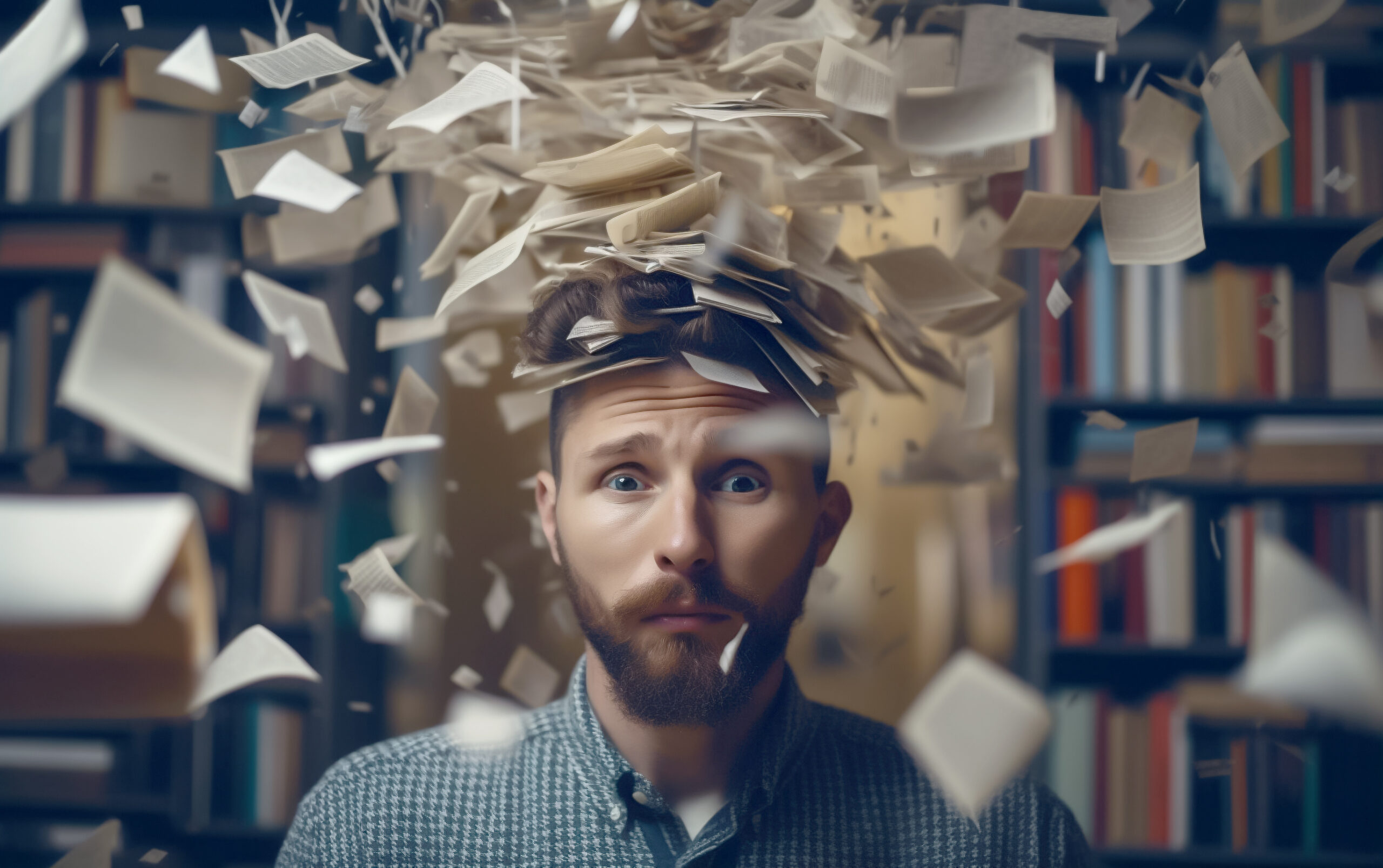 Stressed man under paper clutter symbolizing legacy work chaos.