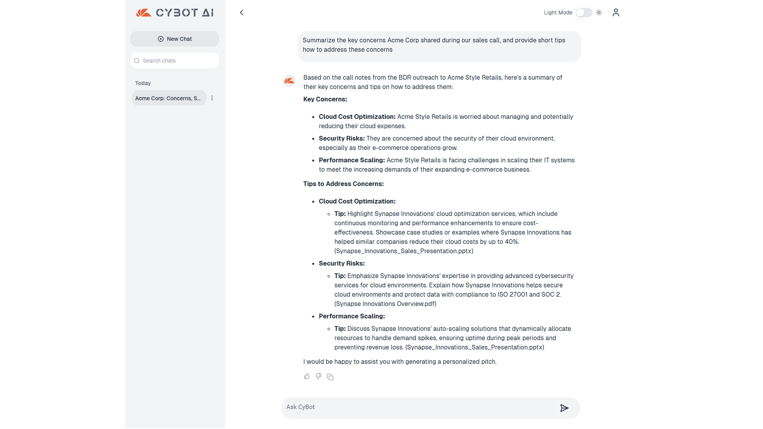 CyBot AI Agent providing role-specific execution insights for sales, HR, IT, and marketing teams.